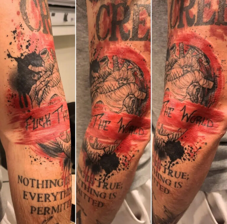 tau-stavanger-jørpeland-tattoo-tatovering-trashpolka-colourful-fargerik-chaos-evil-dystopia-dystopian-blandandred
