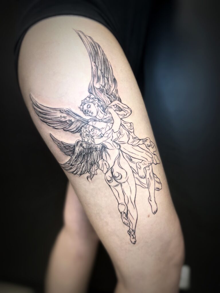 tau-stavanger-jørpeland-tattoo-tatovering-angel-greek-gresk-engel-bnw-blackandwhite-svarthvit-svart-vinger-wings
